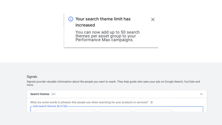 A notification states, "Your Search Themes Limit has increased. You can now add up to 50 search themes per asset group to your Performance Max campaigns." Below is a section for adding Search Themes.