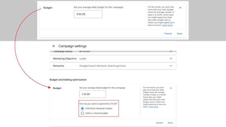 Screenshot showing two sections of Google Ads campaign budget settings. The top section displays a set budget at $35.00. The bottom section highlights options to set an individual or shared daily budget of £10.00, with explanatory text.