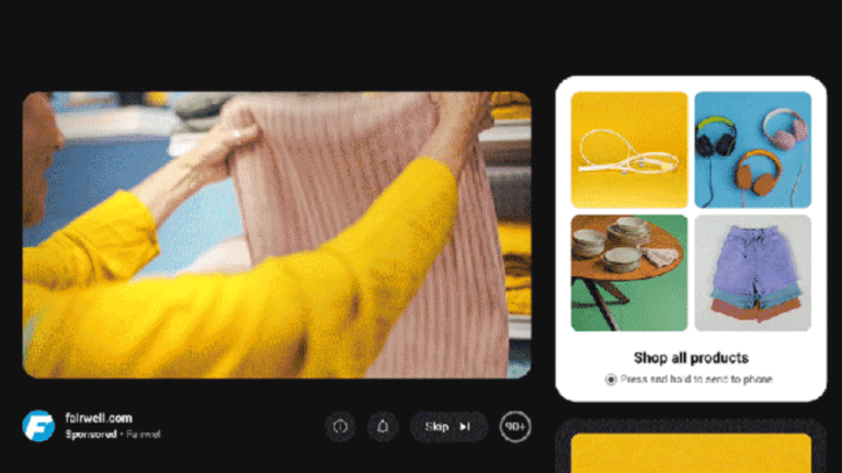 A person in a yellow sweater holds up a pink ribbed shirt. To the right, an Interactive Product Feed displays headphones, plates, and shorts, with a "Shop all products" button below—like Shoppable TV Ads on YouTube.
