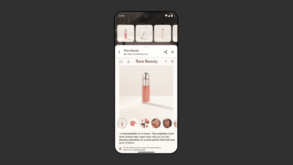A smartphone displays a product page for Rare Beauty's liquid blush, featuring shoppable ads with images, close-ups, and customer reviews on a white background—perfect for discovering new favorites on YouTube or GML 2025.