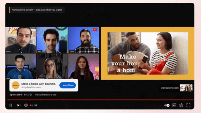 A livestream video call with six people appears on the left. On the right, a Side-by-Side Mid-Roll Ad shows a couple on a couch with “Make your hou a hom.” Below, a banner ad reads “Make a home with Beahm’s.”.