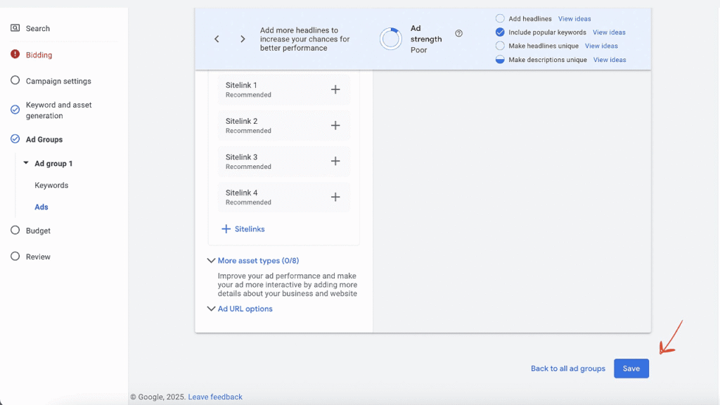 A screenshot of the Simplified Google Ads interface displays ad headline suggestions and site link options. The AdGroup Saving Interface is highlighted by a red arrow pointing to the "Save" button in the bottom right corner, with navigation on the left.