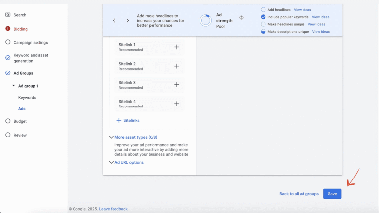 A screenshot of the Simplified Google Ads interface displays ad headline suggestions and site link options. The AdGroup Saving Interface is highlighted by a red arrow pointing to the "Save" button in the bottom right corner, with navigation on the left.