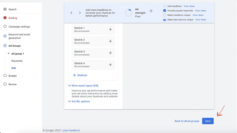 A screenshot of the Simplified Google Ads interface displays ad headline suggestions and site link options. The AdGroup Saving Interface is highlighted by a red arrow pointing to the "Save" button in the bottom right corner, with navigation on the left.