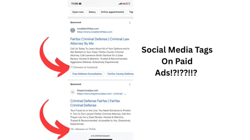 Screenshot of Google search results for "Fairfax Criminal Defense," highlighting Paid Ads that display Social Tags like follower counts. Text on the right reads, "Social Media Tags On Paid Ads!?!??!!?" with two large red arrows pointing to the ads.