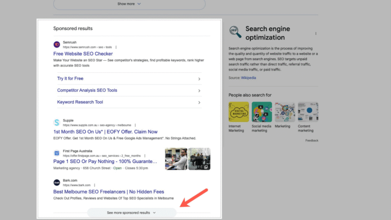 A Google search results page displays a "Sponsored results" section with several Search Ads. A red arrow highlights the "See more sponsored results" button at the bottom of the Google Sponsored Results area.