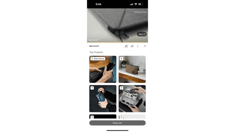 A mobile device screen displays an online shopping app with a gray fabric zipper pouch ad at the top and a Retail Boost grid of top products—wallets, bags, and organizers—below. A “Shop now” button is at the bottom.