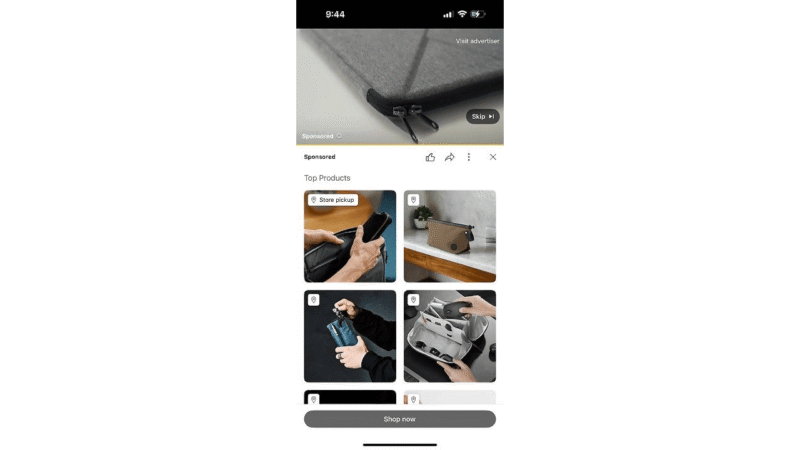 A mobile device screen displays an online shopping app with a gray fabric zipper pouch ad at the top and a Retail Boost grid of top products—wallets, bags, and organizers—below. A “Shop now” button is at the bottom.