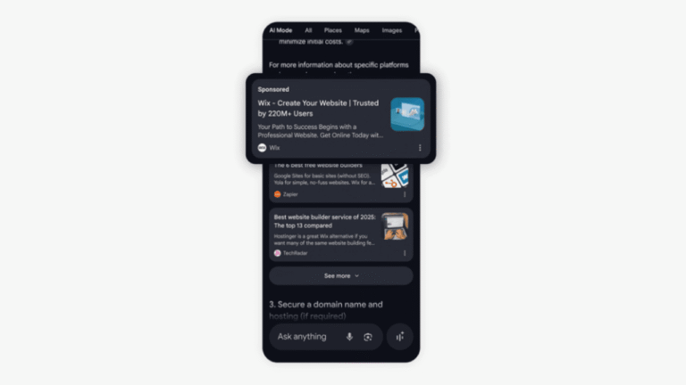 A smartphone screen displays a dark-themed Google web search with AI Overviews and an ad for Wix website creation at the top, followed by suggested website builder services and search results below.