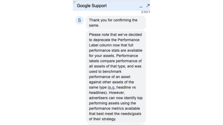 A message from Google Support explains the deprecation of Performance Labels, stating that full metric analysis is now available and advertisers can use metrics that best meet their goals.