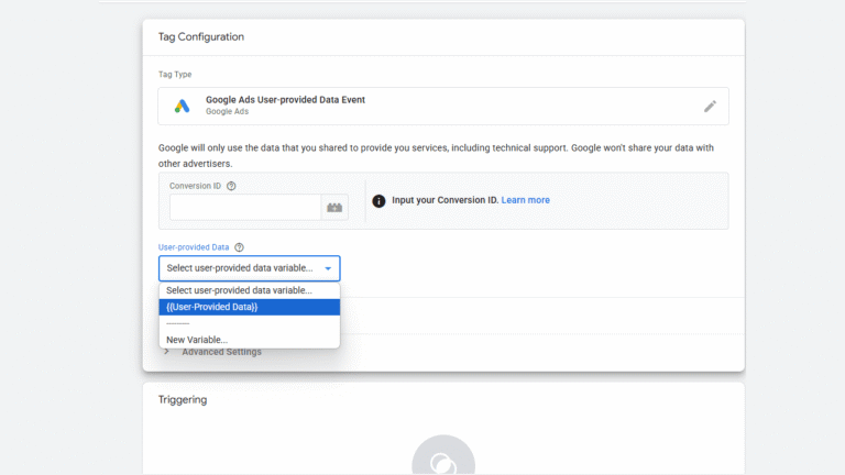 A screenshot of the GTM interface shows the setup for Enhanced Conversions in a Google Ads Event. The Tag Configuration section displays a dropdown labeled "User-provided Data" with "{{User-Provided Data}}" selected.