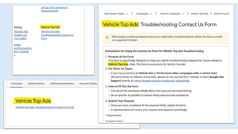 A screenshot displays multiple browser windows open to Google Help Center pages about Vehicle Top Ads, focusing on troubleshooting and contact forms, with "Vehicle Top Ads" highlighted in yellow.