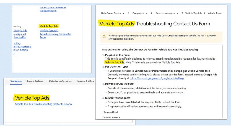 A screenshot displays multiple browser windows open to Google Help Center pages about Vehicle Top Ads, focusing on troubleshooting and contact forms, with "Vehicle Top Ads" highlighted in yellow.