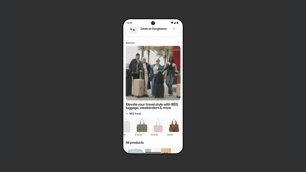 A smartphone screen displays an online shopping app featuring luggage and travel bags, with an image of three people standing outdoors with suitcases and the text "Elevate your travel style with BÉIS luggage, weekenders & more.