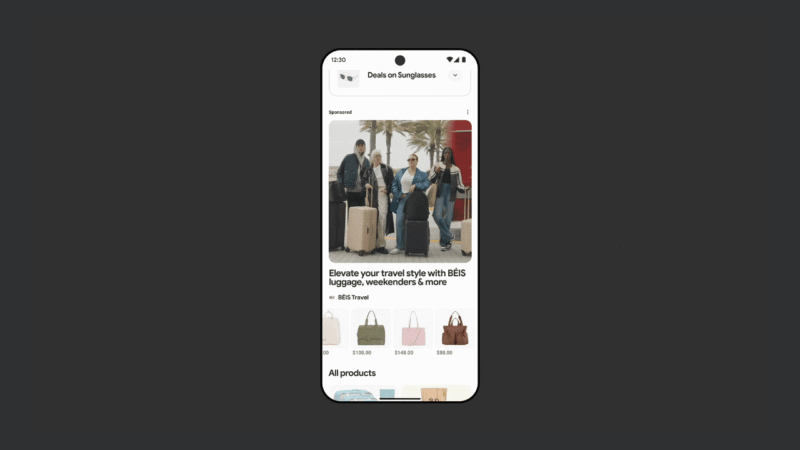 A smartphone screen displays an online shopping app featuring luggage and travel bags, with an image of three people standing outdoors with suitcases and the text "Elevate your travel style with BÉIS luggage, weekenders & more.