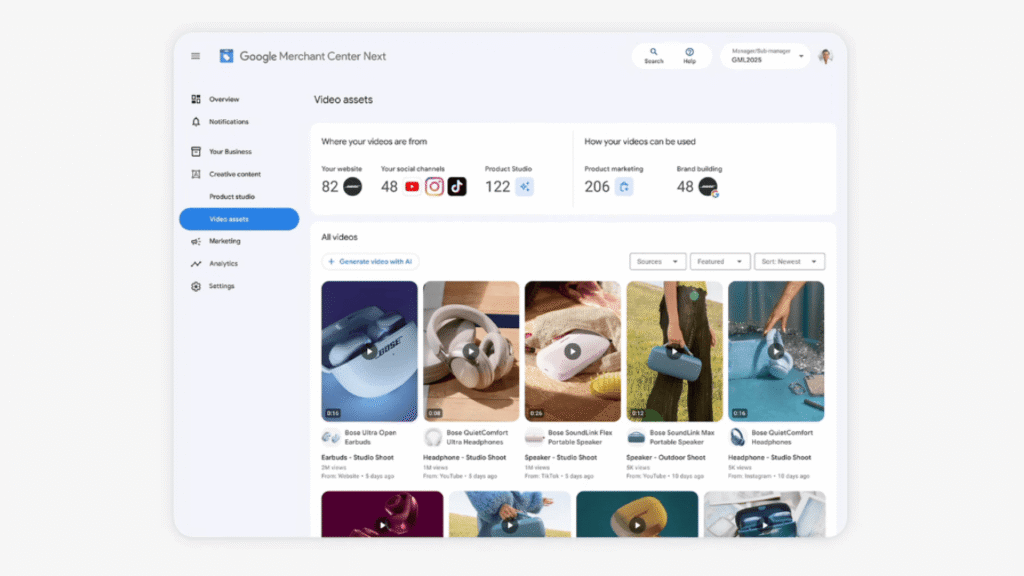 Screenshot of the Google Merchant Center Next dashboard showing video assets, including video statistics and thumbnail previews of product videos related to razors and grooming tools. Various navigation options appear on the left sidebar.