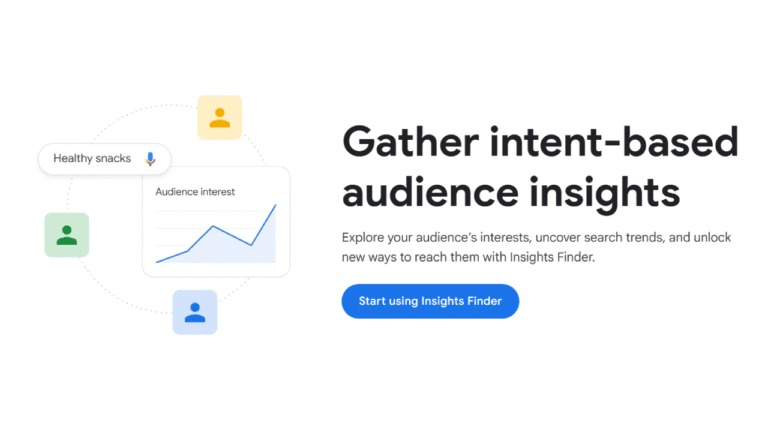 A graphic showing a line graph labeled "Audience interest," a search bubble for "Healthy snacks," people icons, and the text "Gather intent-based audience insights with YouTube Insights Finder" above a blue "Start using Insights Finder" button.