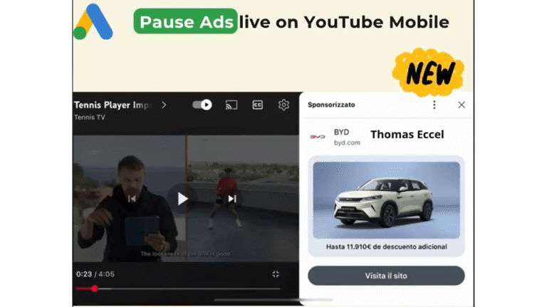 Screenshot showing a YouTube mobile interface with a paused tennis video on the left and a car advertisement—a YouTube Pause Ad—on the right. Text above reads "Pause Ads live on YouTube Mobile" with a yellow "NEW" label.