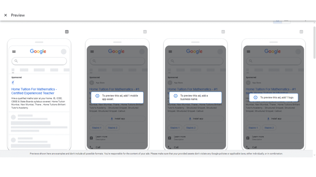 A Google Ad Preview displays four mobile screens, each showing the same "Home Tuition For Mathematics" ad with varying callout text: "1 mobile asset," "2 mobile assets," "1 top asset," and "2 top assets" highlighted.