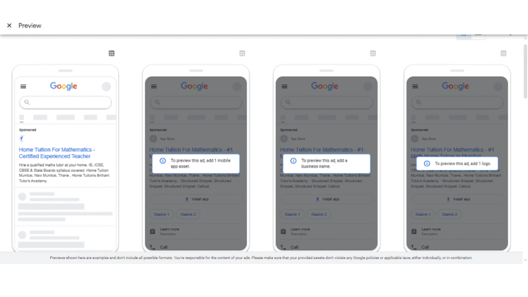 A Google Ad Preview displays four mobile screens, each showing the same "Home Tuition For Mathematics" ad with varying callout text: "1 mobile asset," "2 mobile assets," "1 top asset," and "2 top assets" highlighted.
