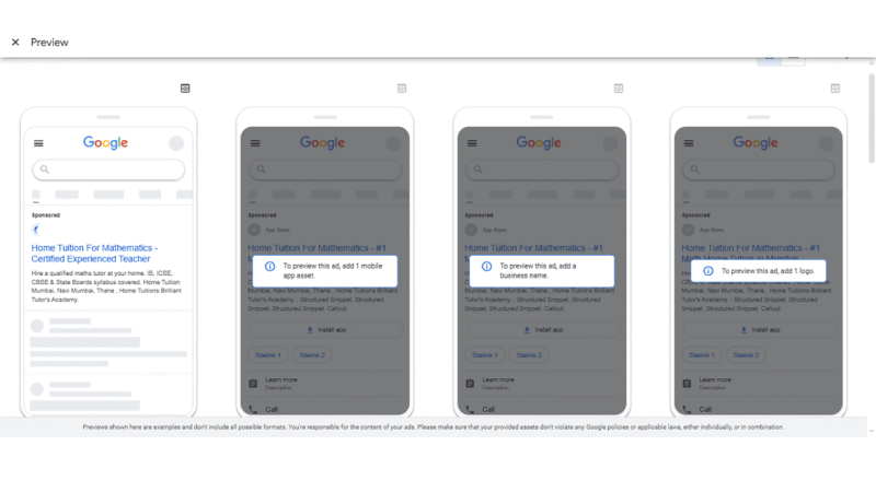 A Google Ad Preview displays four mobile screens, each showing the same "Home Tuition For Mathematics" ad with varying callout text: "1 mobile asset," "2 mobile assets," "1 top asset," and "2 top assets" highlighted.
