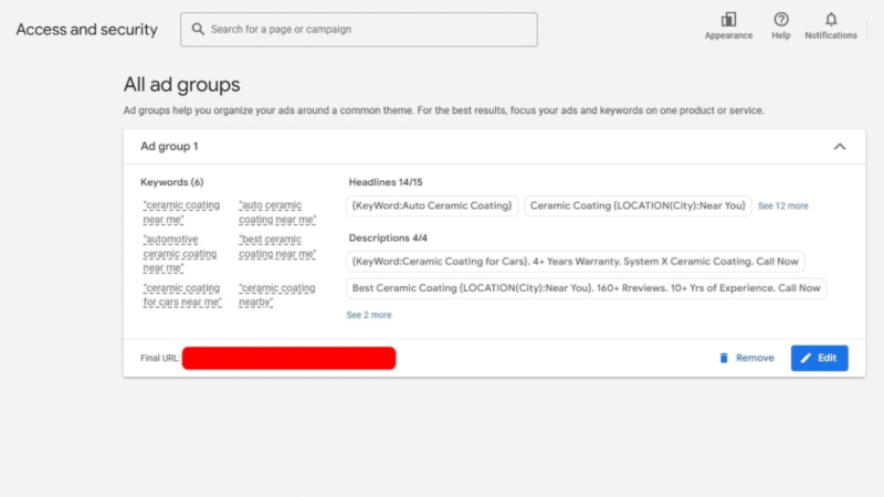 Screenshot of a Google Ads interface displaying an Ad Groups overview, including keywords, headlines, descriptions, and a redacted final URL field. Options to remove or edit the ad are visible on the right.