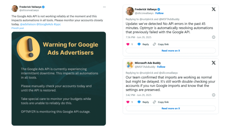 A collage with tweets about Google Ads API issues. The main image warns Google Ads Advertisers about OPTMYZR automations not working due to the API outage. Two smaller tweets discuss ongoing Microsoft imports issues and advice.