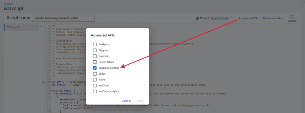 A Google Apps Script editor window showing a pop-up menu titled "Advanced APIs," with the "Shopping content" API checkbox selected for Google Merchant Center, and a red arrow pointing to "Advanced APIs" in the top menu.