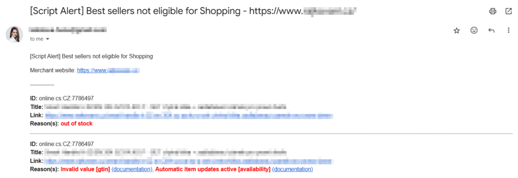 Screenshot of an email titled "[Script Alert] Best-Selling Products not eligible for Google Merchant Center," listing merchant website links, item IDs, reasons like "out of stock" and "invalid value," with some links and text highlighted.