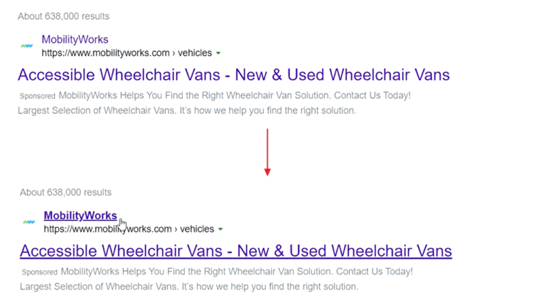 A Google search results page displays a Search Snippets ad for "Accessible Wheelchair Vans - New & Used Wheelchair Vans," with a red downward arrow connecting the first result to an identical second listing below.