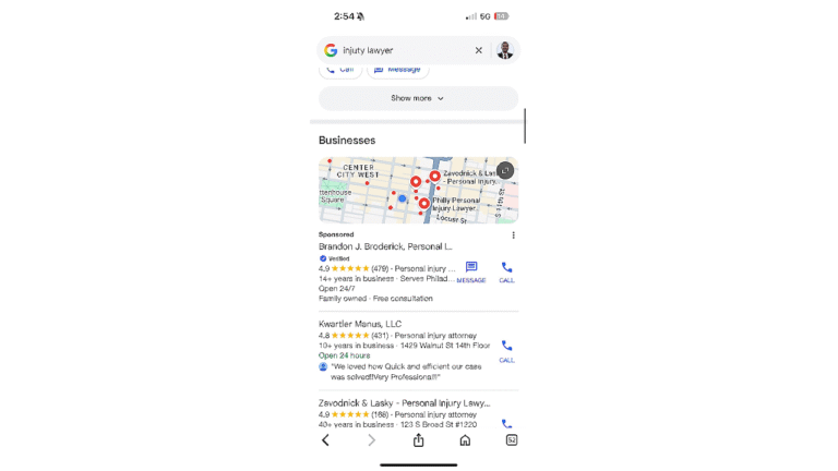 A smartphone screen shows Google search results for "Injury lawyer," featuring a map with red markers, law firms' ratings, addresses, and a Blue Verified Badge next to listings using Google LSAs and Google verification for trusted results.
