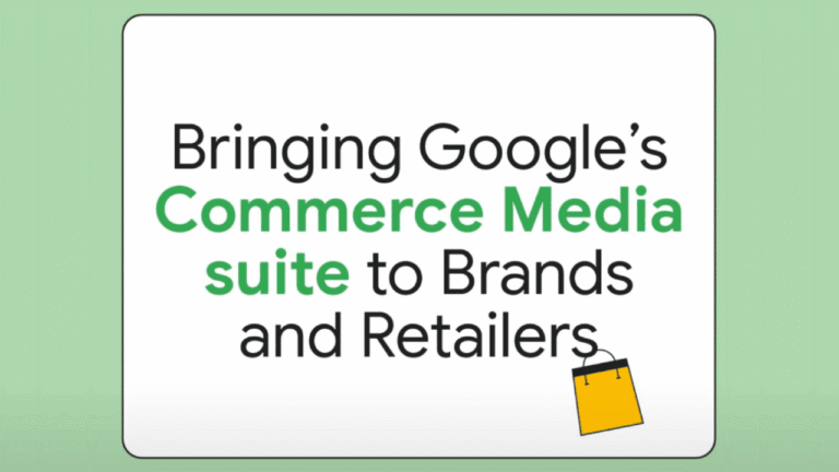 Text that reads: "Bringing Google’s commerce media tools to brands and retailers" with a small yellow shopping bag icon in the bottom right corner. The background is white with a light green border.