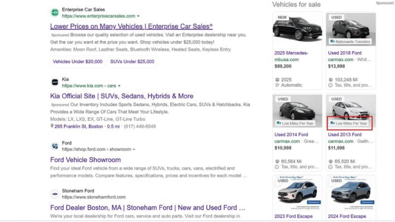 Screenshot of Google search results for car dealerships, featuring Vehicle Ads with sponsored links on the left and car listings—including a highlighted 2016 BMW 3 Series—on the right, enhanced by Car Condition Tags for easy comparison.