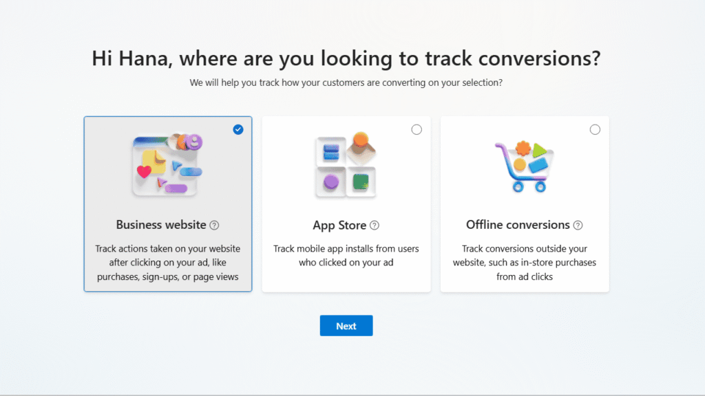 A revamped setup screen asks, “Where are you looking to track conversions?” with three options: Business website (selected), App Store, and Offline conversions—each with an icon. A blue “Next” button completes the Microsoft conversion tracking step.