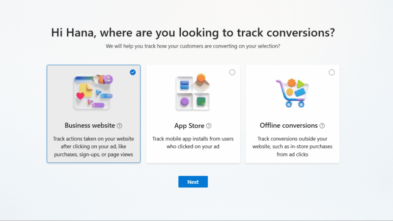 A revamped setup screen asks, “Where are you looking to track conversions?” with three options: Business website (selected), App Store, and Offline conversions—each with an icon. A blue “Next” button completes the Microsoft conversion tracking step.