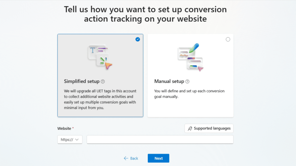 A website interface guides users through Microsoft conversion tracking setup, offering "Simplified setup" or "Manual setup." A field at the bottom prompts for a website URL, with "Back" and "Next" buttons below.