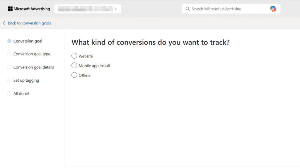 A revamped Microsoft Advertising webpage asks, “What kind of conversions do you want to track?”—Website, Mobile app install, or Offline. The left menu guides users through the updated conversion tracking setup steps.