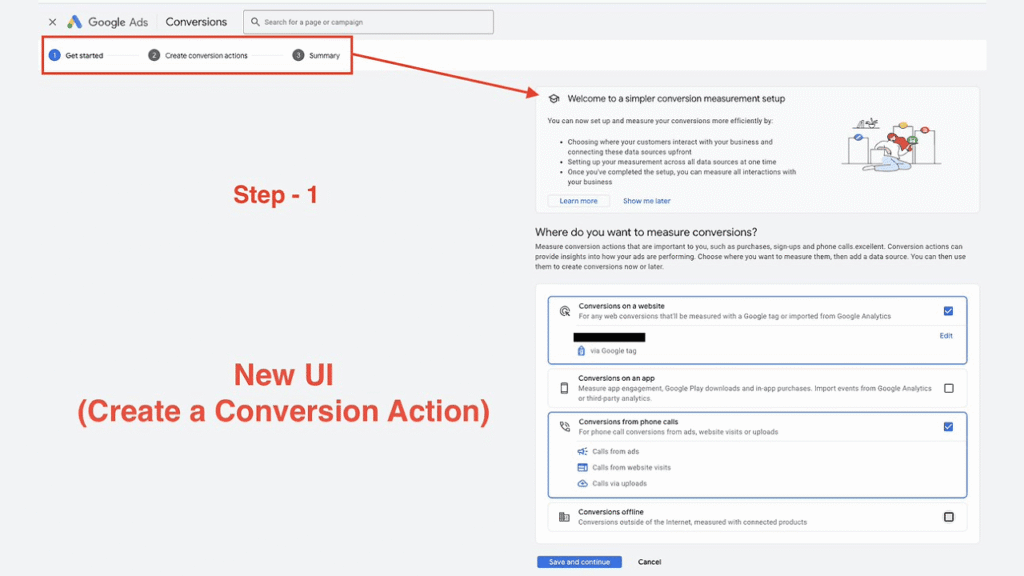 Screenshot of the Google Ads Conversions page featuring a highlighted "Get started" button and a new step-by-step flow for conversion setup, with clearly labeled steps to guide users through creating a conversion action.