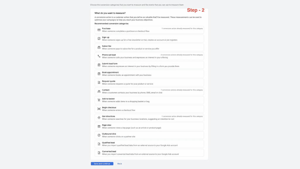 A webpage titled "Step - 2" guides users through a Step-by-Step Flow in Google Ads Conversion Setup, displaying measurement options with descriptions and radio buttons. "Save and continue" and "Back" buttons appear at the bottom.