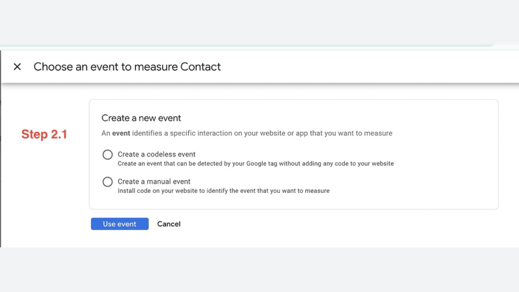 A Google interface screen for conversion setup displays options to create a new event—either codeless or manual—in a step-by-step flow. “Use event” and “Cancel” buttons are shown at the bottom.