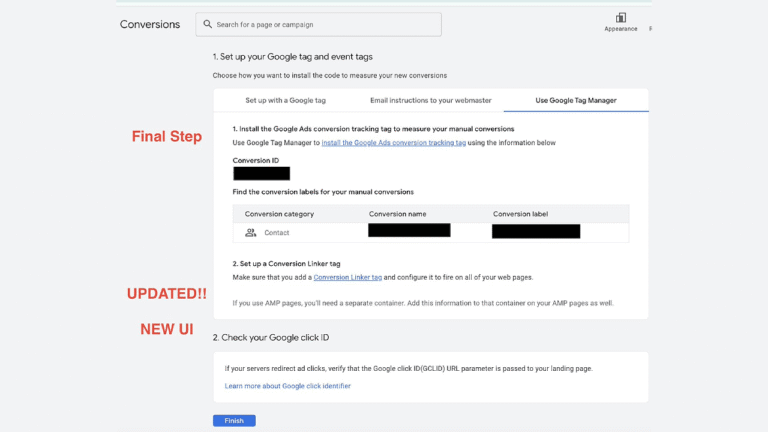Screenshot of the Google Ads Conversions setup page, featuring a step-by-step flow with labeled sections for conversion setup, tag settings, conversion labels, and Google click ID; red text highlights “Final Step!,” “UPDATED!,” and “NEW UI.”.