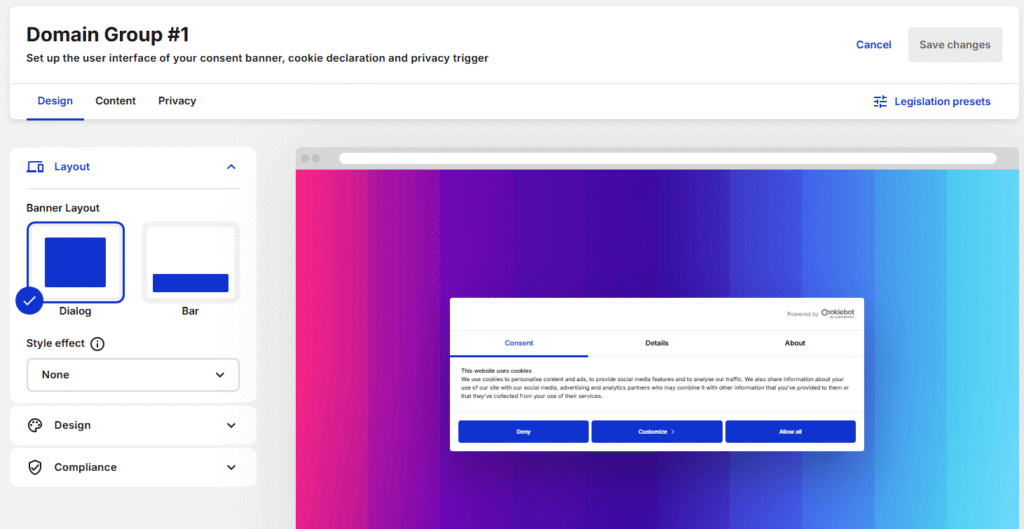 A user interface for customizing a consent banner helps you implement options for layout, design, and compliance. A preview window displays a consent dialog with “Deny,” “Customize,” and “Allow all” buttons—perfect for use with Cookiebot.