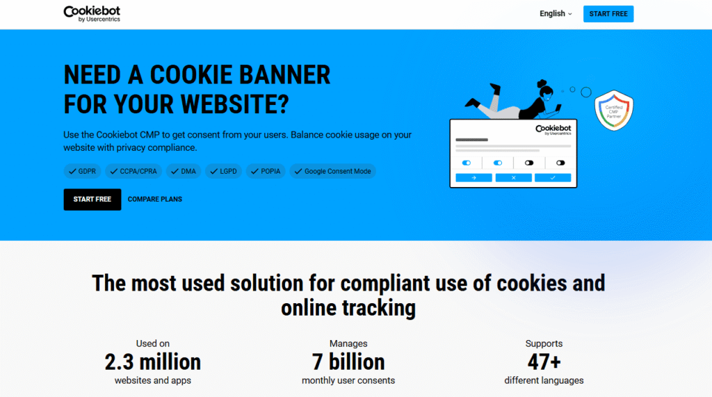 Screenshot of the Cookiebot website, featuring a blue banner promoting cookie banner solutions and easy implementation via Google Tag Manager, a graphic of a cookie notice, and usage stats: 2.3 million sites, 7 billion consents, 47+ languages.