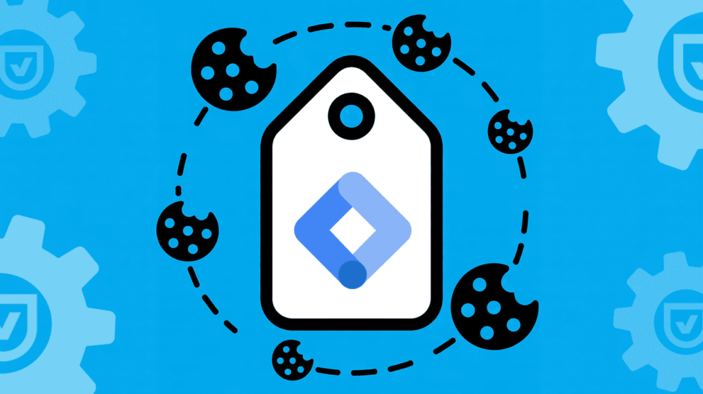A graphic of a tag with the Google Tag Manager logo in the center, surrounded by Cookiebot cookie icons and gear symbols on a blue background, illustrating how to implement effective tag management.