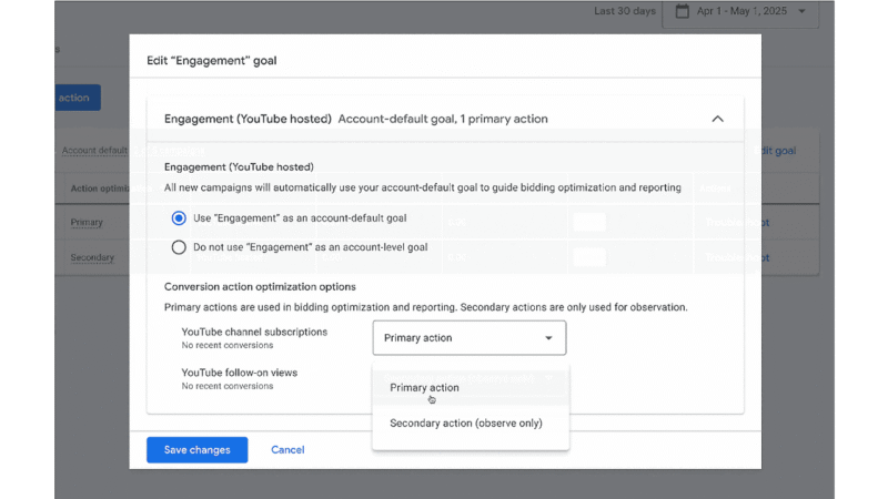 A settings window for editing an "Engagement" goal in an online platform, featuring campaign setting options like account-default and sections for primary and secondary actions, plus "Save changes" and "Cancel" buttons.