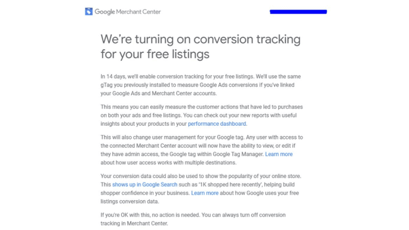 A Google Merchant Center notification explains that Conversion Tracking will soon be enabled for Free Listings, detailing its benefits, data usage, and how merchants can opt out if they choose.