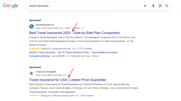 A Google search results page for "travel insurance" displaying two sponsored links for travel insurance comparison and coverage, with red arrows pointing to the term "travel insurance" in the website links. Google tests new headline separators on this search results page.
