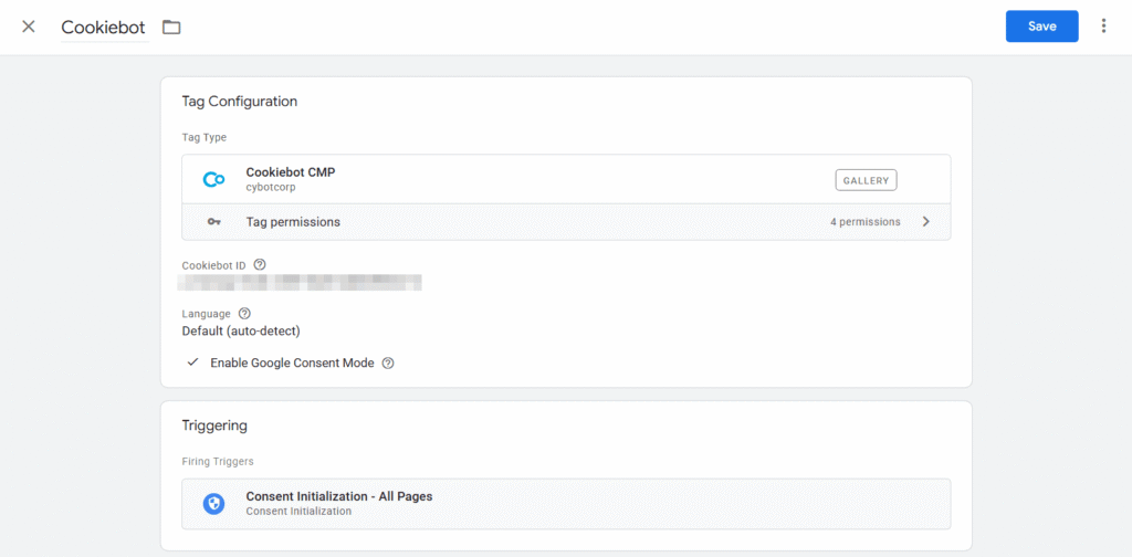 Screenshot of the Cookiebot CMP tag implementation in Google Tag Manager, displaying tag permissions, selected language, Google Consent Mode enabled, and a trigger for Consent Initialization on all pages.