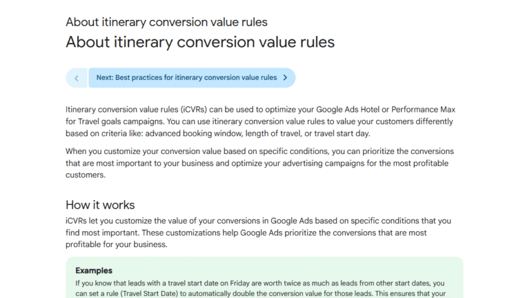 Screenshot of a webpage titled “About itinerary conversion value rules.” The page explains Itinerary Conversion Value Rules for Google Ads Hotel or Performance Max Travel Campaigns, with a "How it works" section and an “Examples” box.