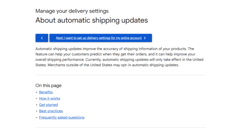 Screenshot of a webpage titled "About automatic shipping updates" in Google Merchant Center, outlining their benefits, how shipping updates work, setup options, related links for best practices and FAQs, and a blue setup button near the top.